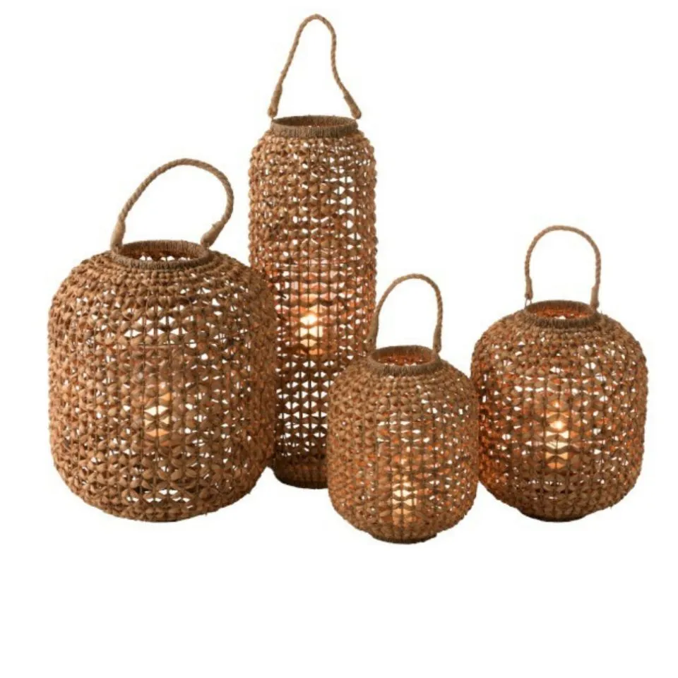 Set of handwoven water hyacinth lanterns with handles for wholesale manufacturing