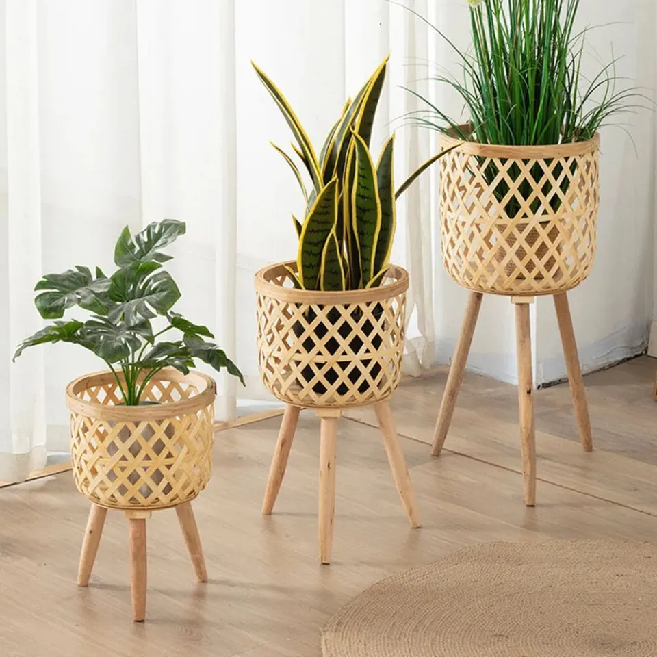 Woven bamboo plant stands with tripod wooden legs, eco-friendly indoor planters for home decor, OEM manufactured by EHM.