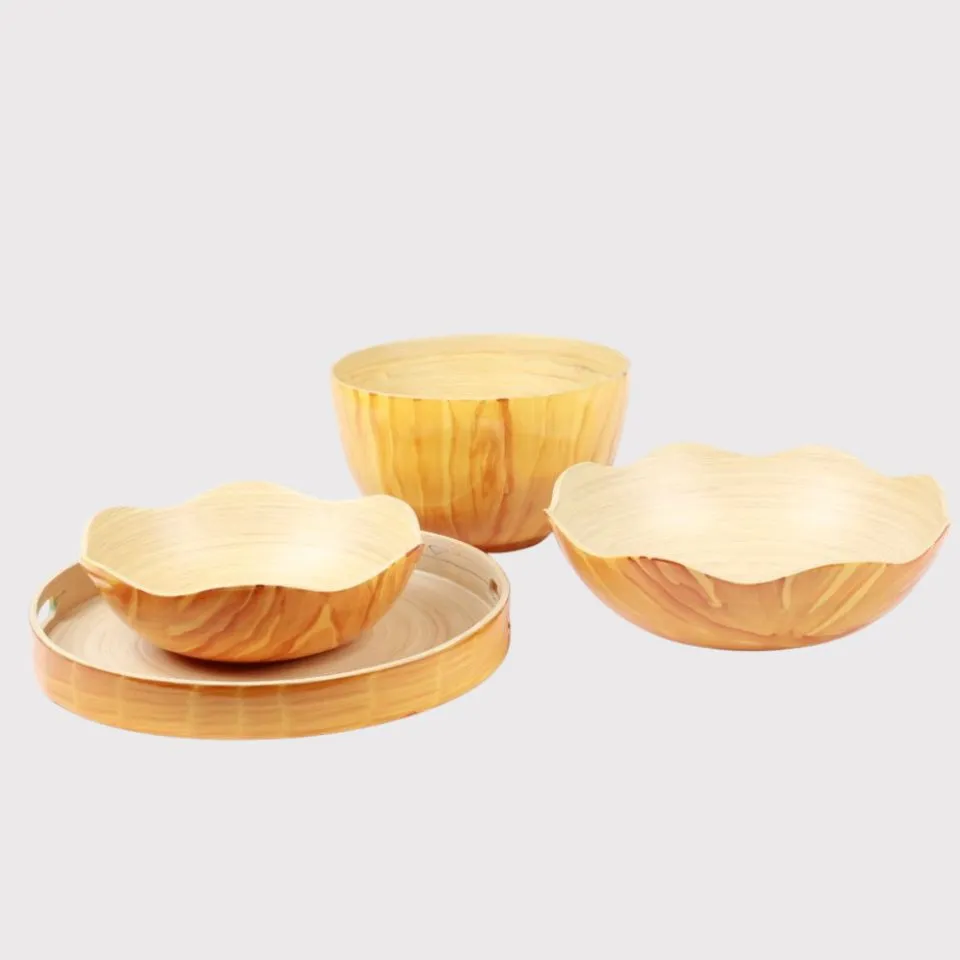 Set natural Bamboo Coiled bowls and trays with wavy edges – eco-friendly handicraft serving set