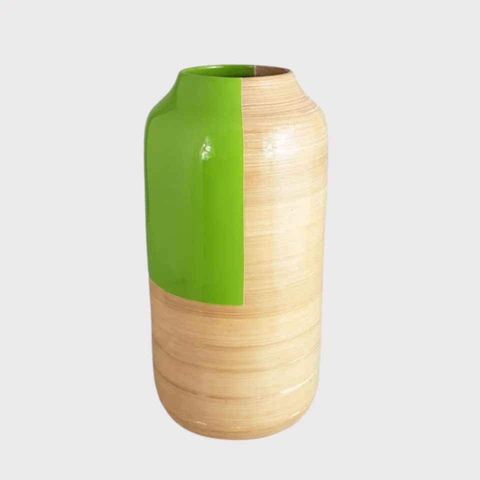 Tall Bamboo Coiled vase with glossy green and natural two-tone lacquer finish – modern handicraft vase