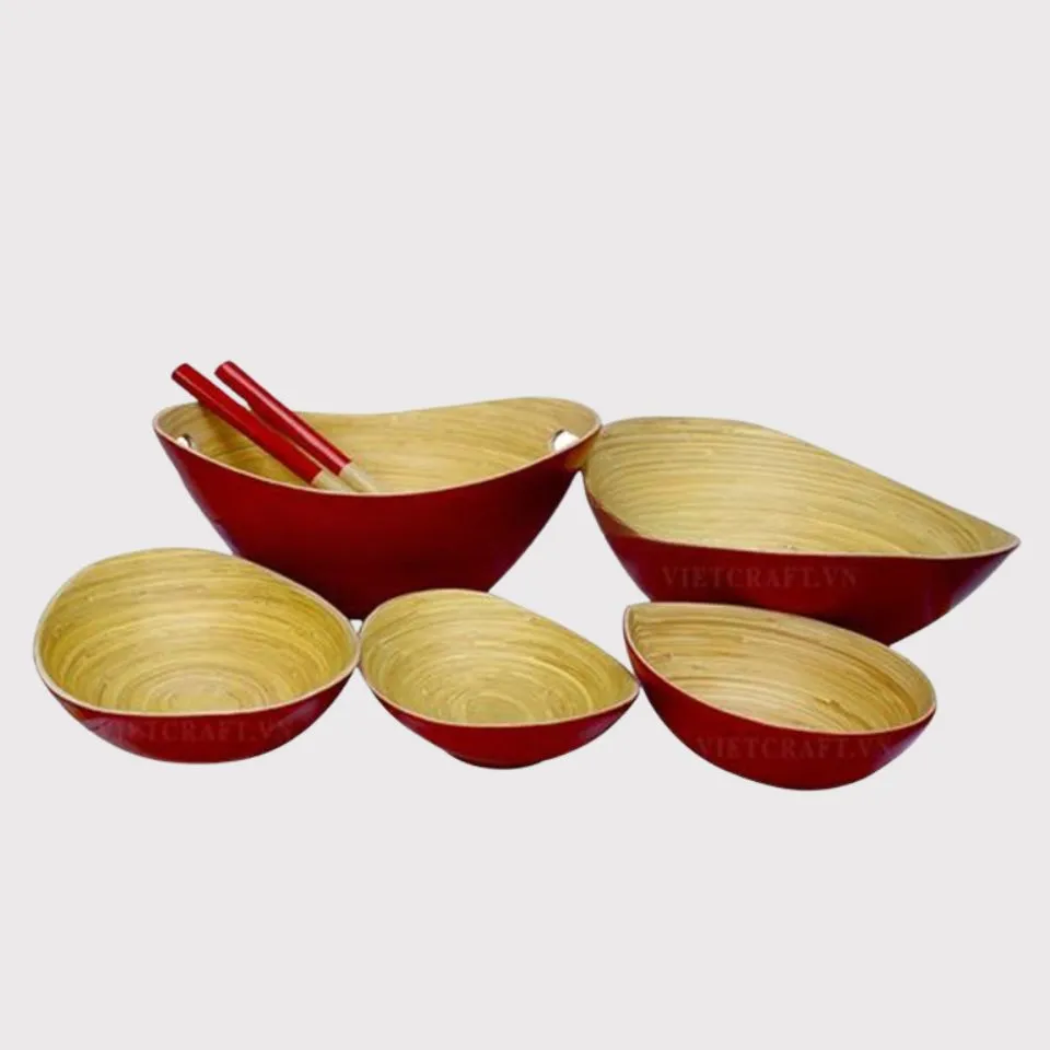 Red lacquered Bamboo Coiled bowl set – premium Vietnamese handicraft dinnerware