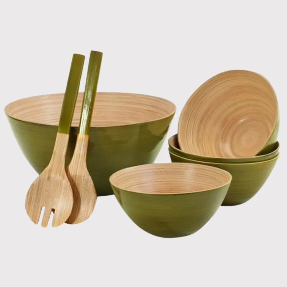 Green lacquered Bamboo Coiled salad bowl set with matching servers – complete handicraft dining set