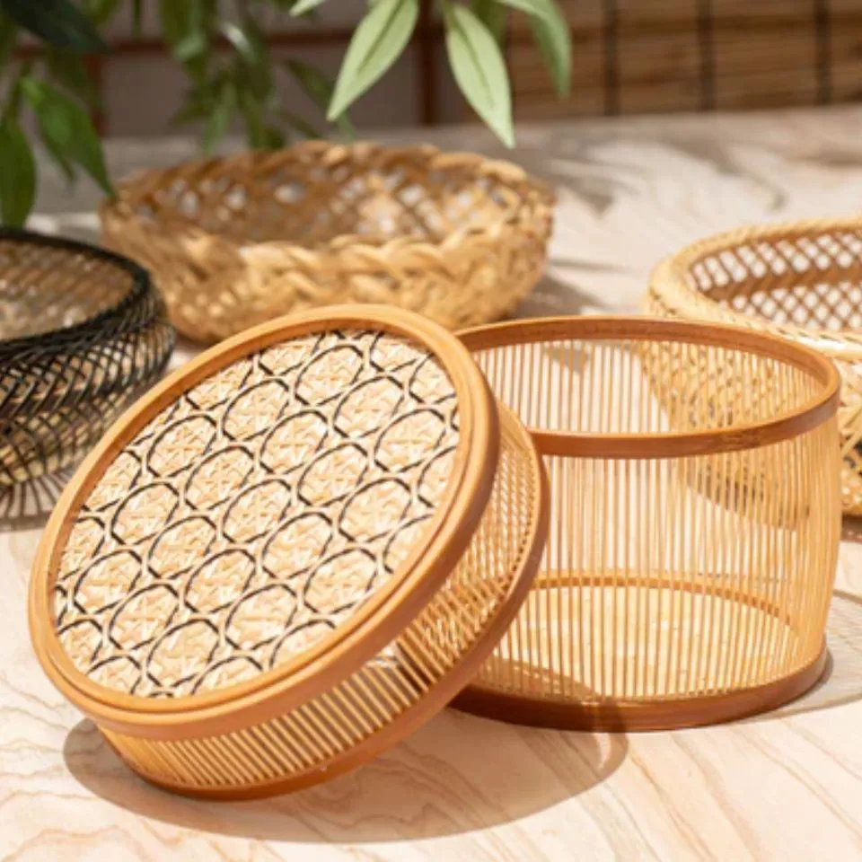 Custom woven bamboo storage boxes with intricate floral lid patterns – premium OEM bamboo handicraft by EHM Vietnam