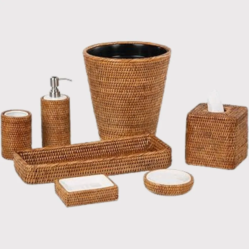 Premium rattan bathroom set manufacturer - handmade woven rattan bathroom accessories including trash bin, soap dispenser, toothbrush holder, tissue box, tray, soap dish, and cotton jar.