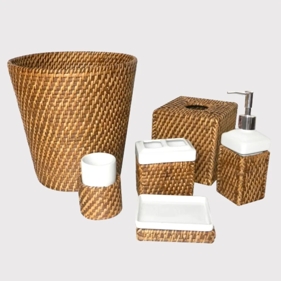 Custom OEM rattan bathroom set – handmade rattan waste bin, tissue box, soap dispenser, toothbrush holder, soap dish, and tumbler.