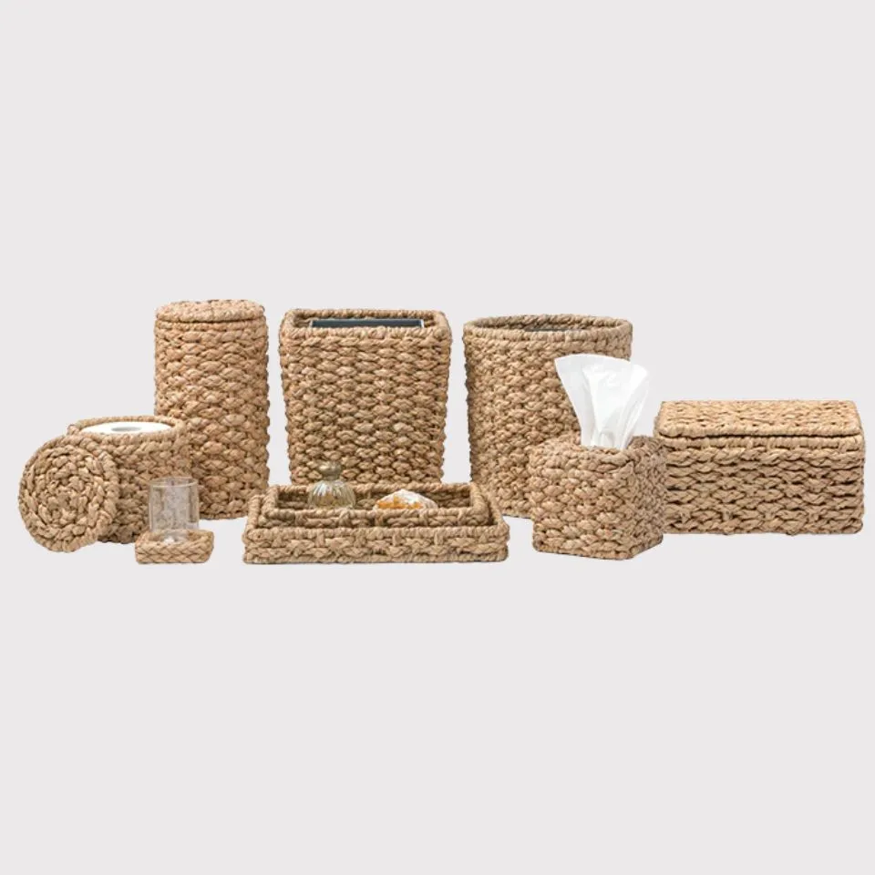 Natural seagrass bathroom set manufacturer – braided seagrass trash bin, tissue box, soap dish, tumbler, tray, and cotton jar with lid.