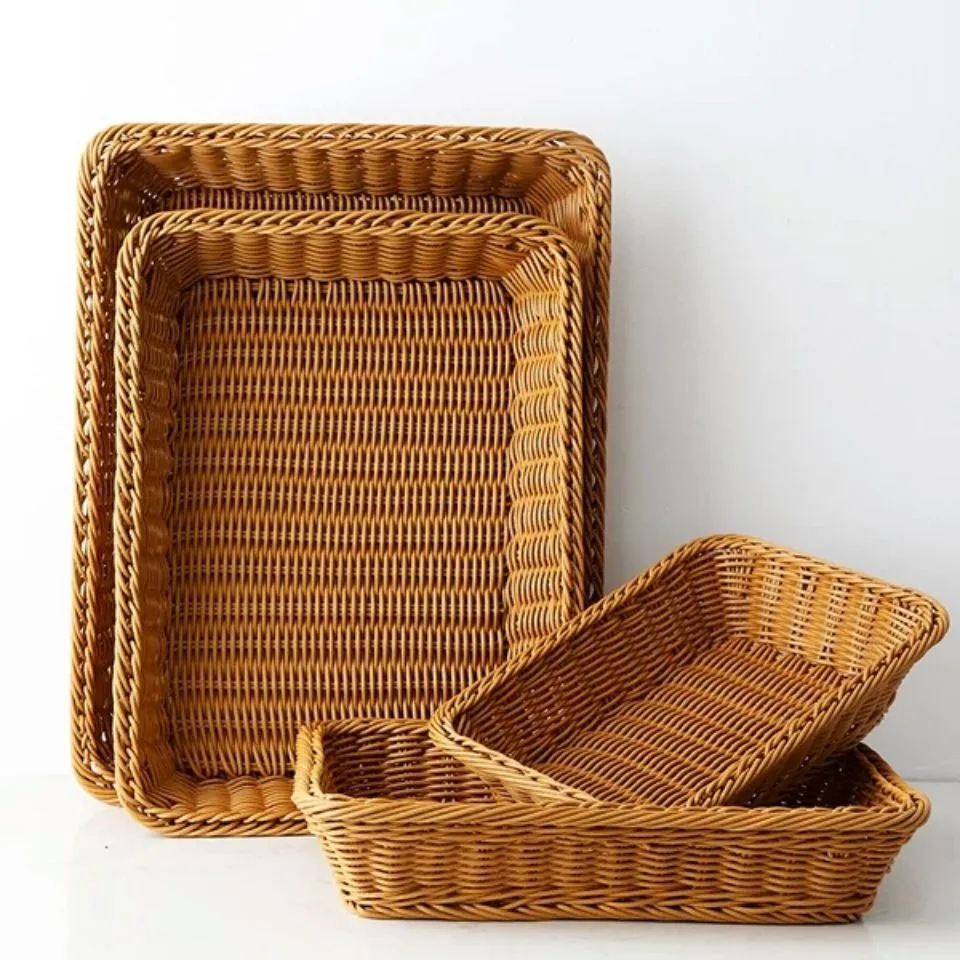 Multi-size rectangular rattan bread basket set, sturdy weave for buffet and commercial use.