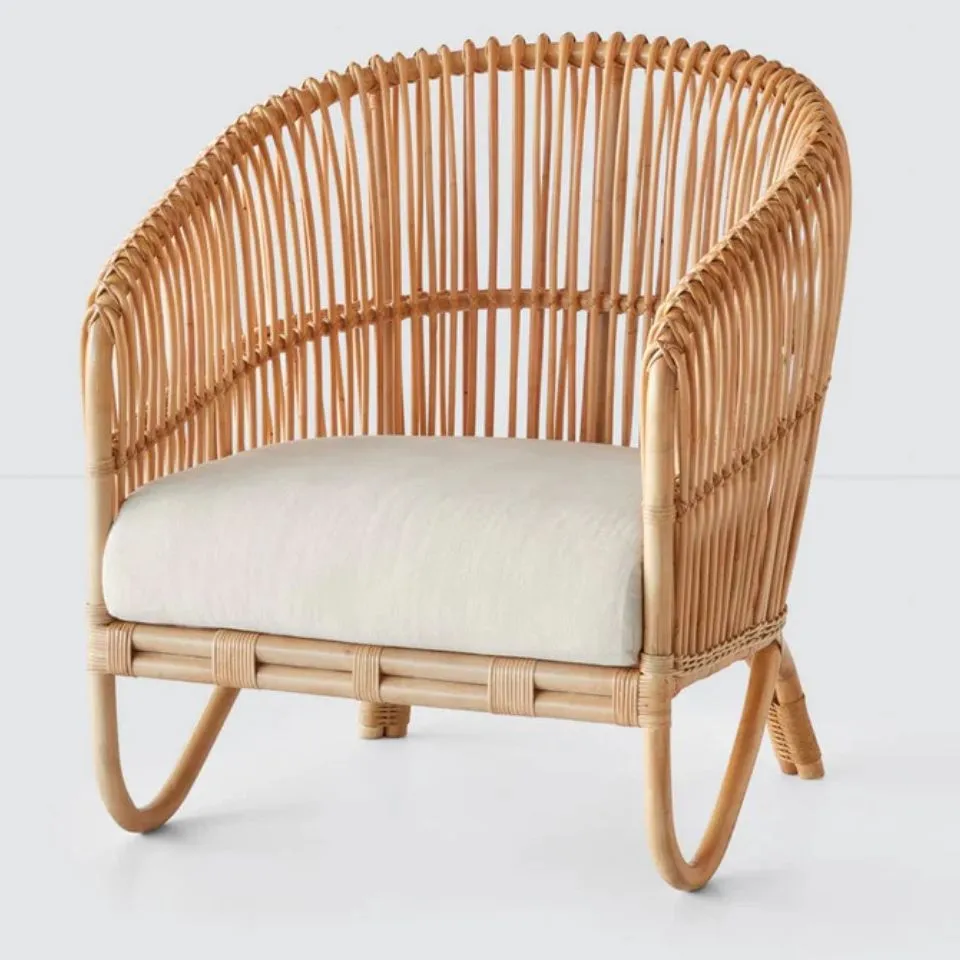 Modern barrel rattan lounge chair with cushion – EHM sustainable chair manufacturer Vietnam