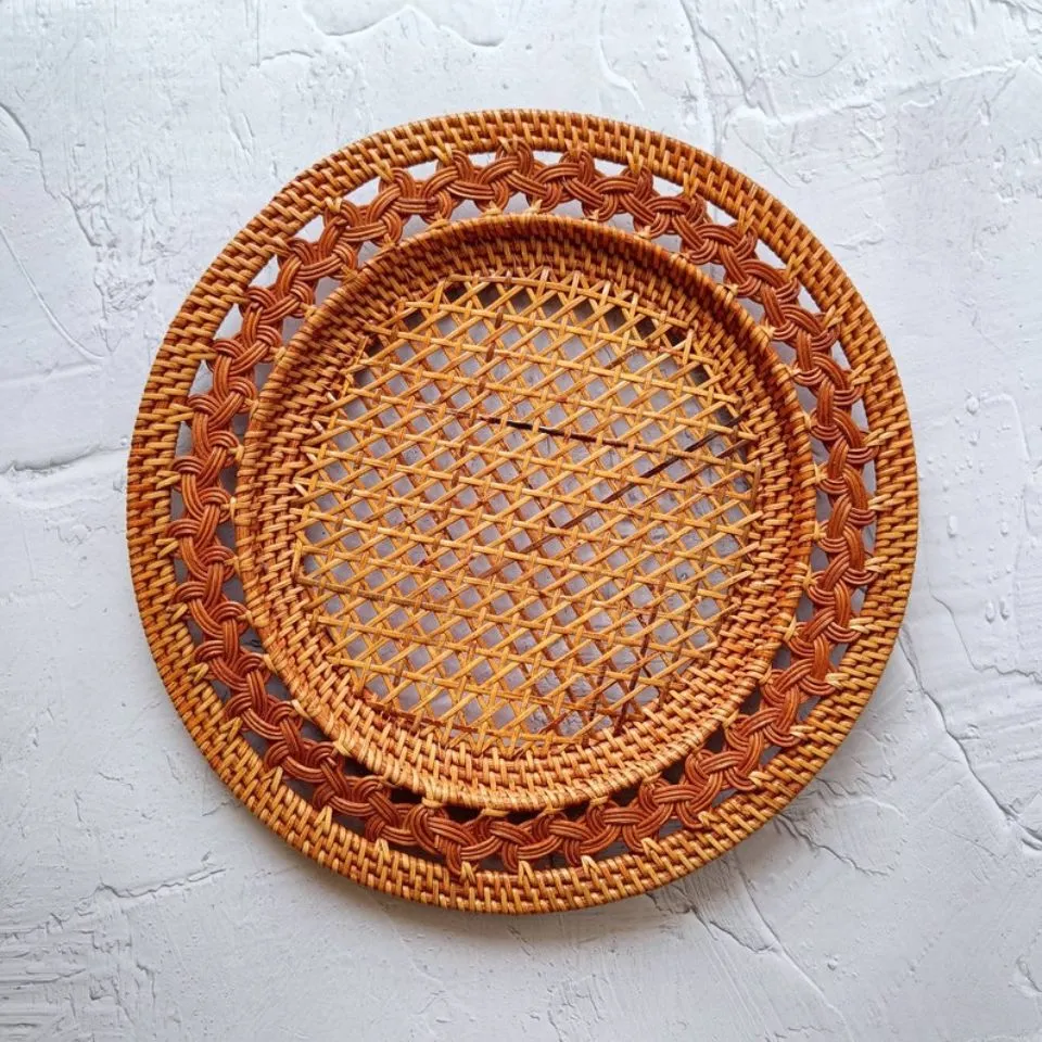 Intricate lattice rattan charger plate with geometric, ethically manufactured by EHM