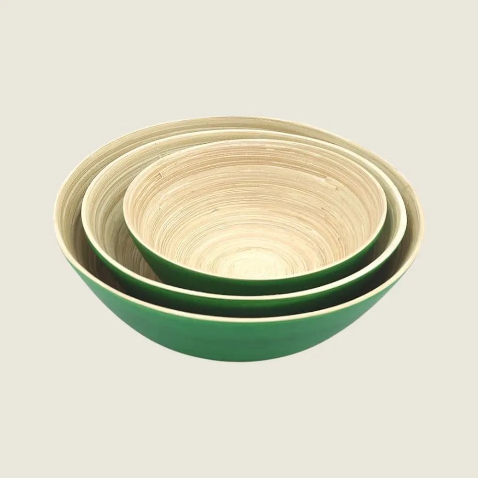 Glossy green coiled bamboo serving bowls handmade by Ethical Handicraft Manufacturer Vietnam
