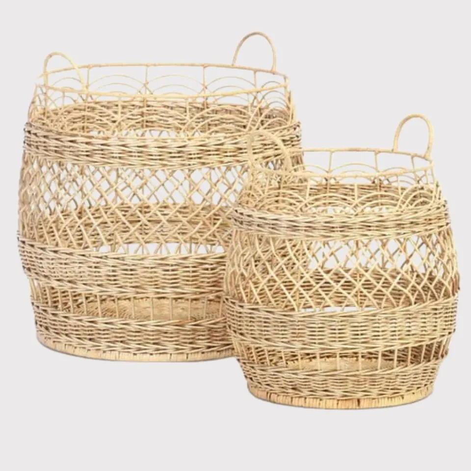 Pair of rattan decorative baskets, premium handmade storage by EHM Vietnam.