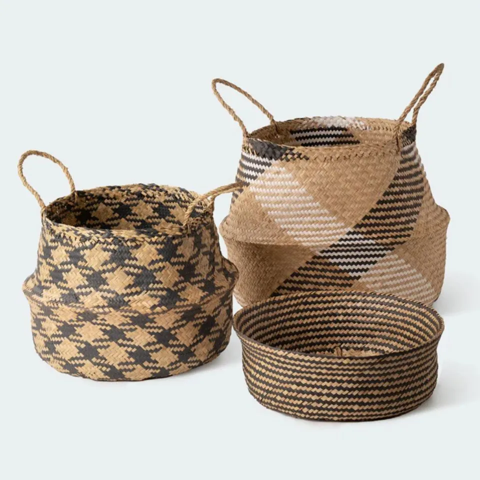 Trio of seagrass decorative baskets with black-white geometric patterns and handles, ethically produced by EHM Vietnam.