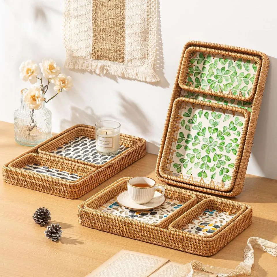 Handwoven rattan decorative tray gift set with Mother Of Pearl Inlay, crafted by Vietnamese artisans at EHM.