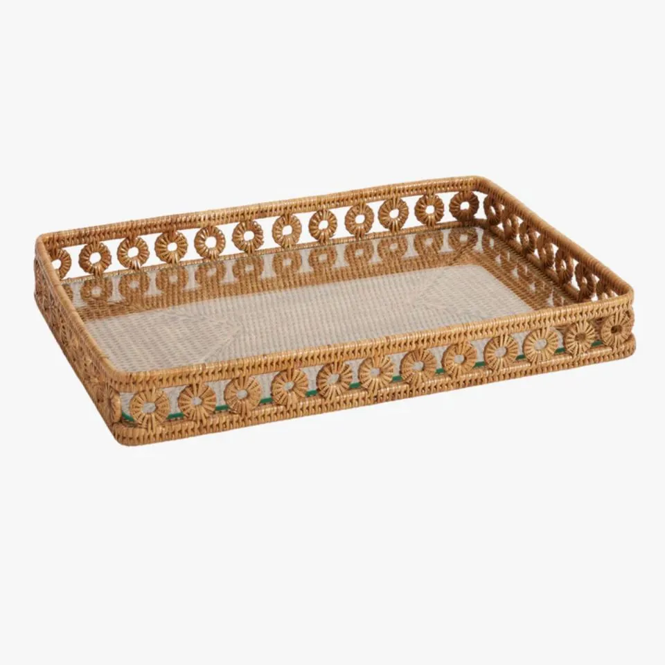 High-quality rectangular rattan decorative tray with intricate open-weave pattern, manufactured by EHM.