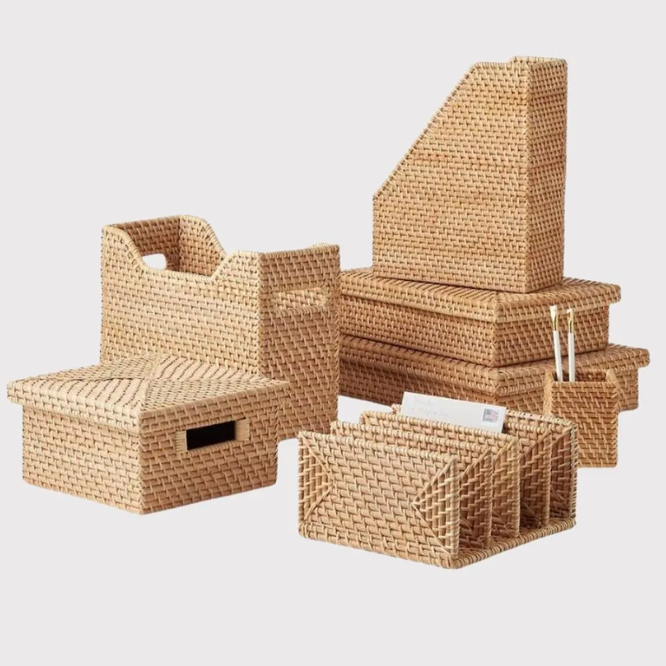 Complete 6-piece handwoven rattan desk organizer set including file holder, letter tray, pen cup, and storage boxes – EHM custom manufacturing
