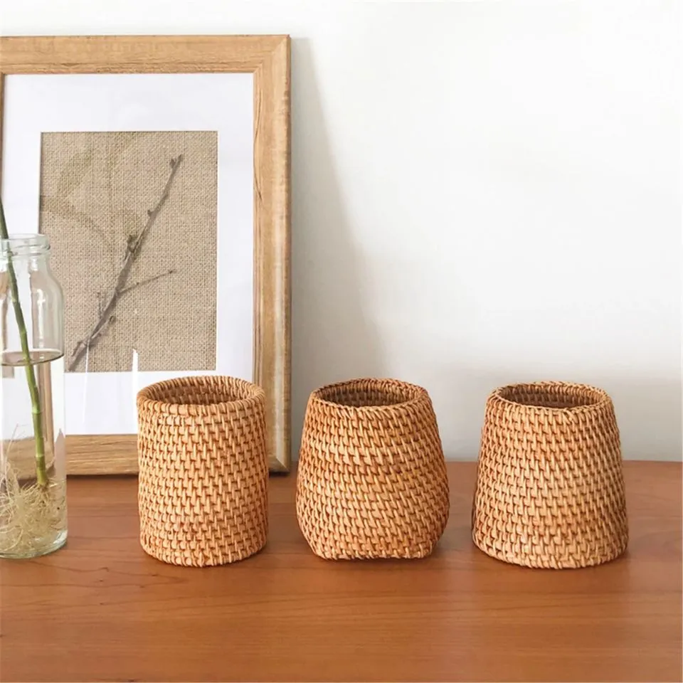 Set of three handwoven rattan pen holders in varying heights and shapes for desk organization – EHM handicraft manufacturing