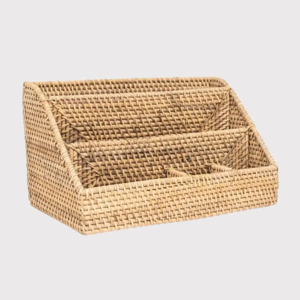 Multi-compartment handwoven rattan desk caddy with pen slots, note holder, and phone stand – EHM custom desk organizer manufacturing