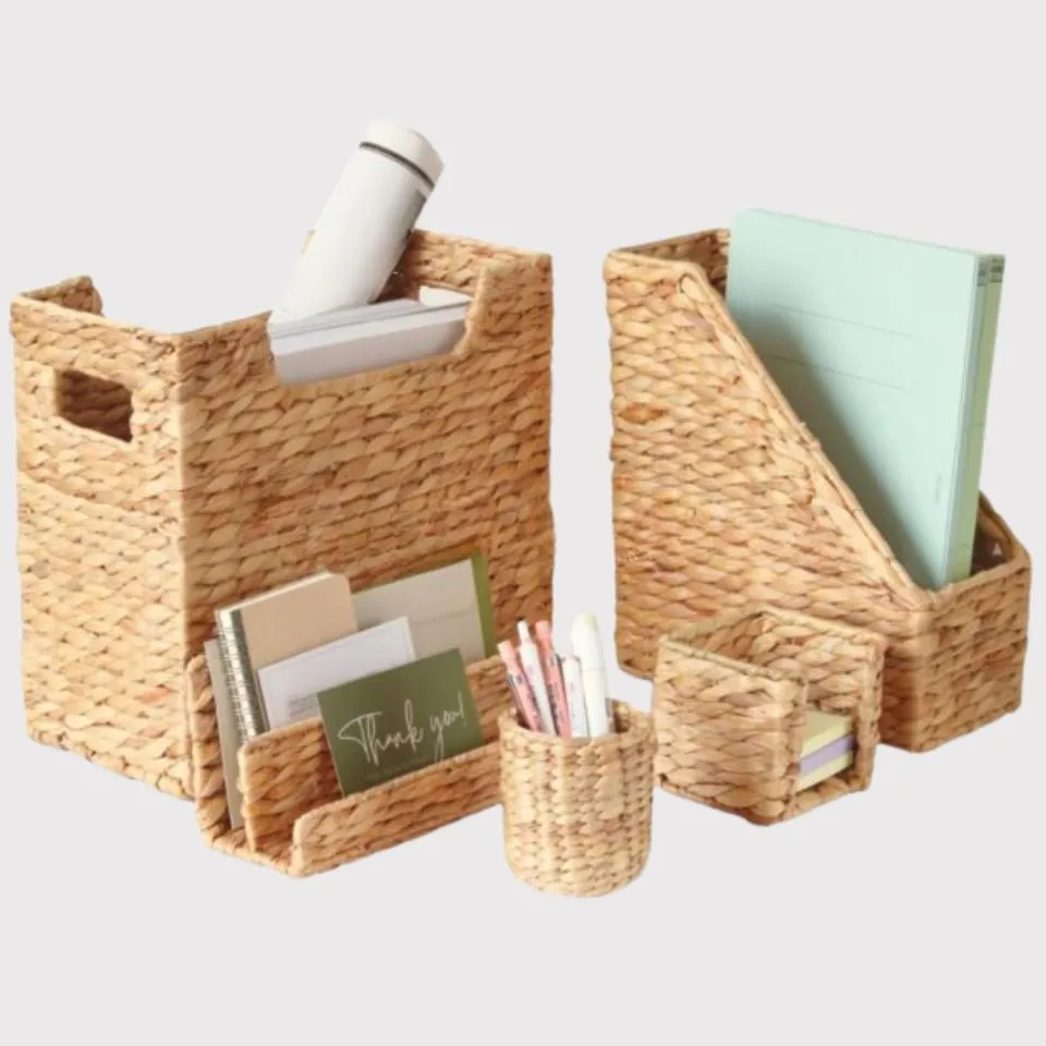 Complete water hyacinth desk organizer set with file holder, pen cup, and multi-slot caddy – eco-friendly handicraft manufacturing by EHM