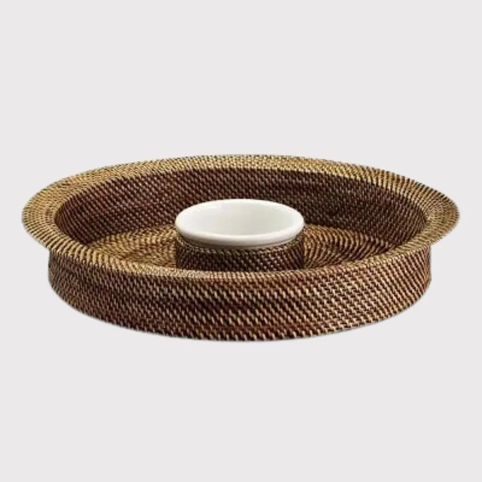 Handwoven rattan dip and chip tray with central ceramic dip bowl – premium natural manufacturing for custom designs.