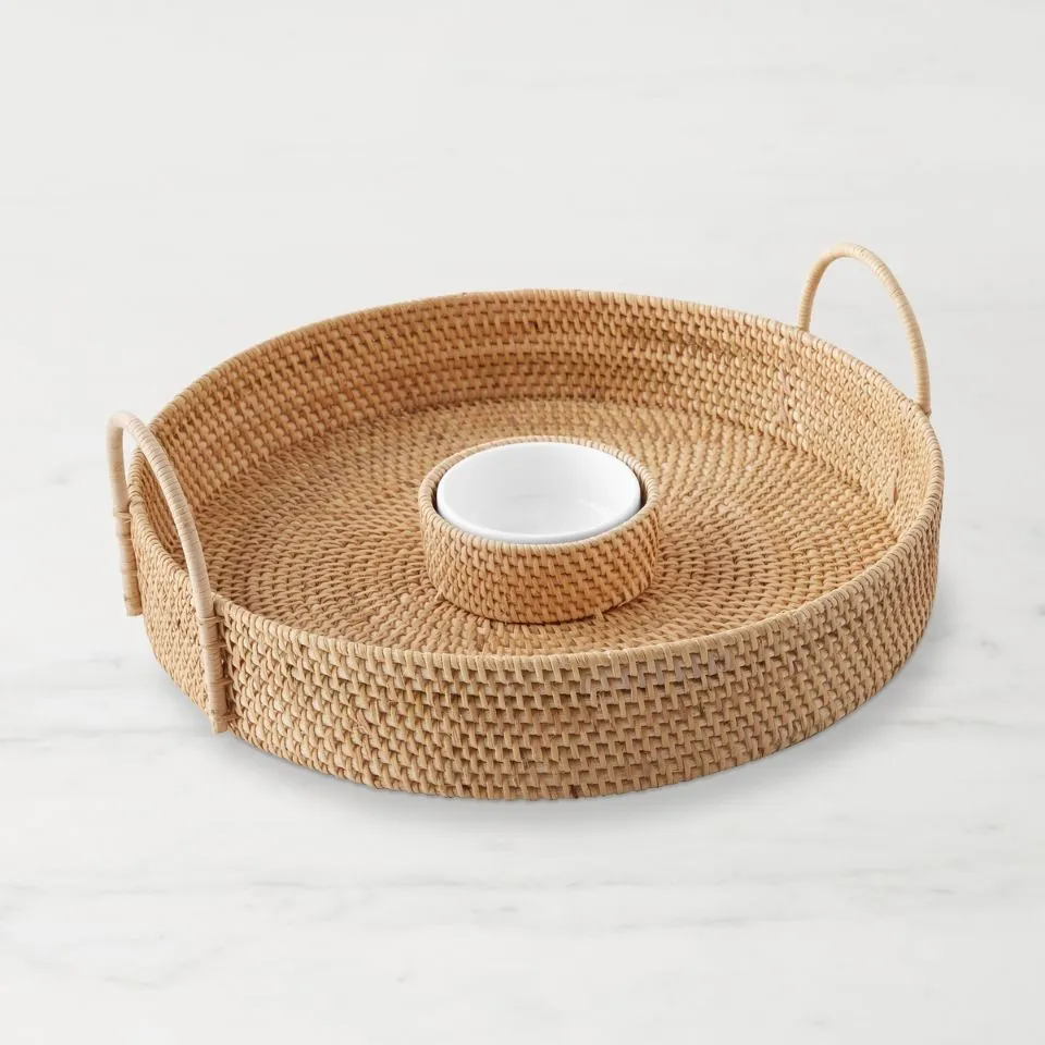 Rattan dip and chip tray with fine weave, rattan handles, and white ceramic dip bowl – luxury handmade serving.