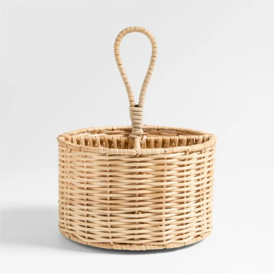 Rustic rattan flatware caddy, highlighting sustainable custom manufacturing options for organizers.
