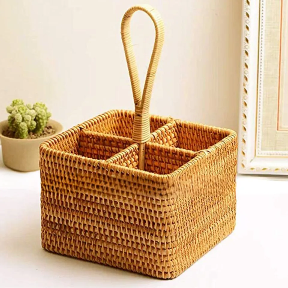Handwoven rattan flatware caddy with 4 compartments and central handle – organized, stylish kitchen storage solution by EHM, leading Vietnamese kitchenware manufacturer.