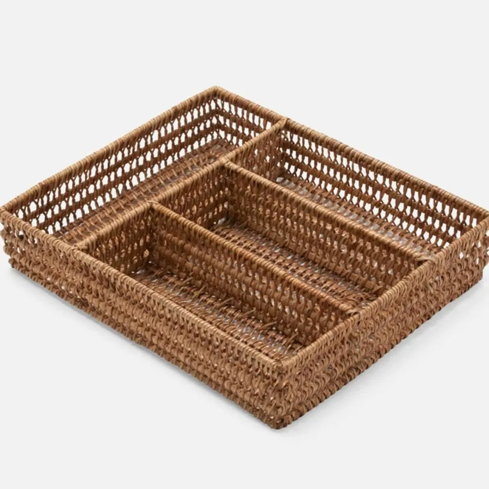 Top-down view of an open rattan flatware caddy revealing four woven compartments, perfect for showcasing custom manufacturing capabilities in natural materials.