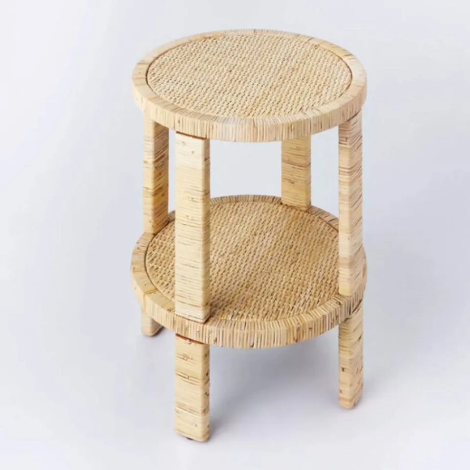 Compact two-tier round rattan end table with woven shelves – high-quality handcrafted furniture manufacturing by EHM