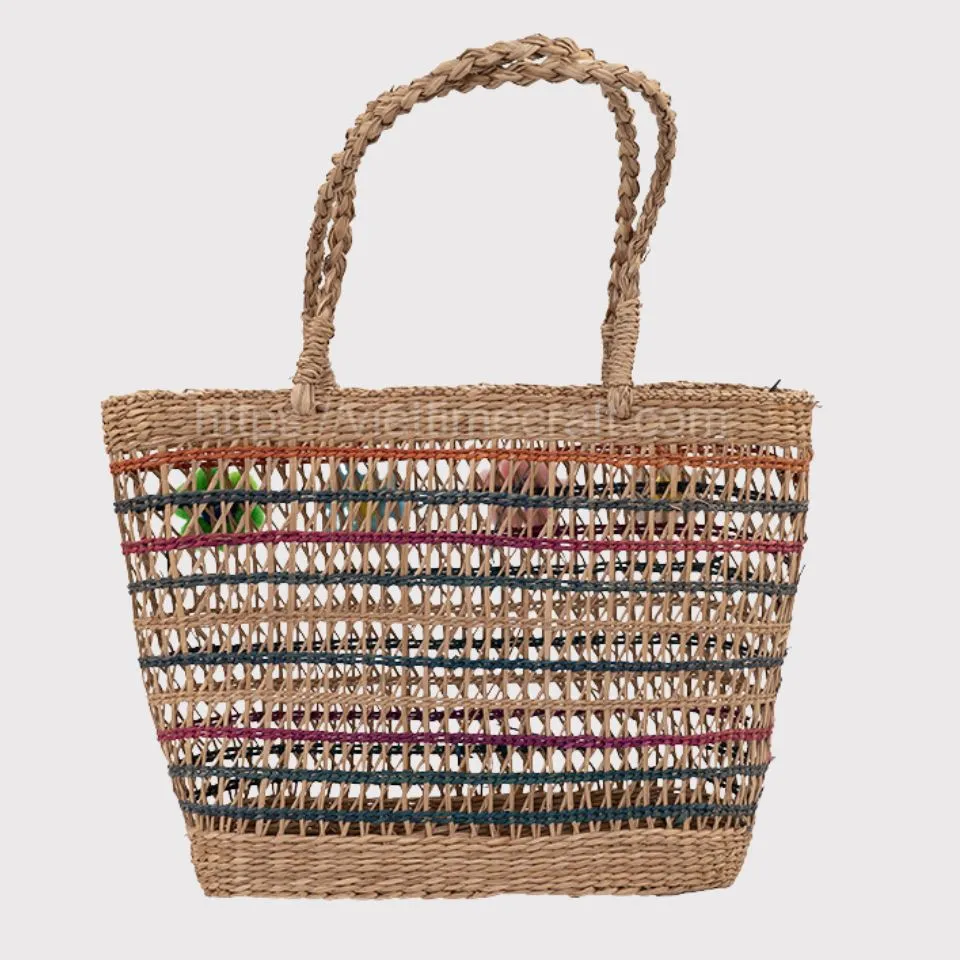 Colorful seagrass tote bag with braided handles, handmade in Vietnam by EHM.