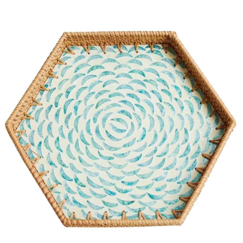 Hexagon Mother of Pearl Rattan Tray Handicraft
