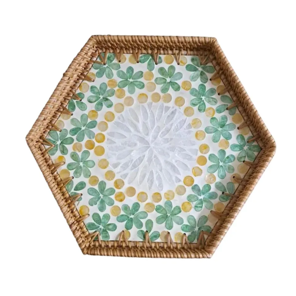 Hexagon Mother of Pearl Rattan Tray Low Moq