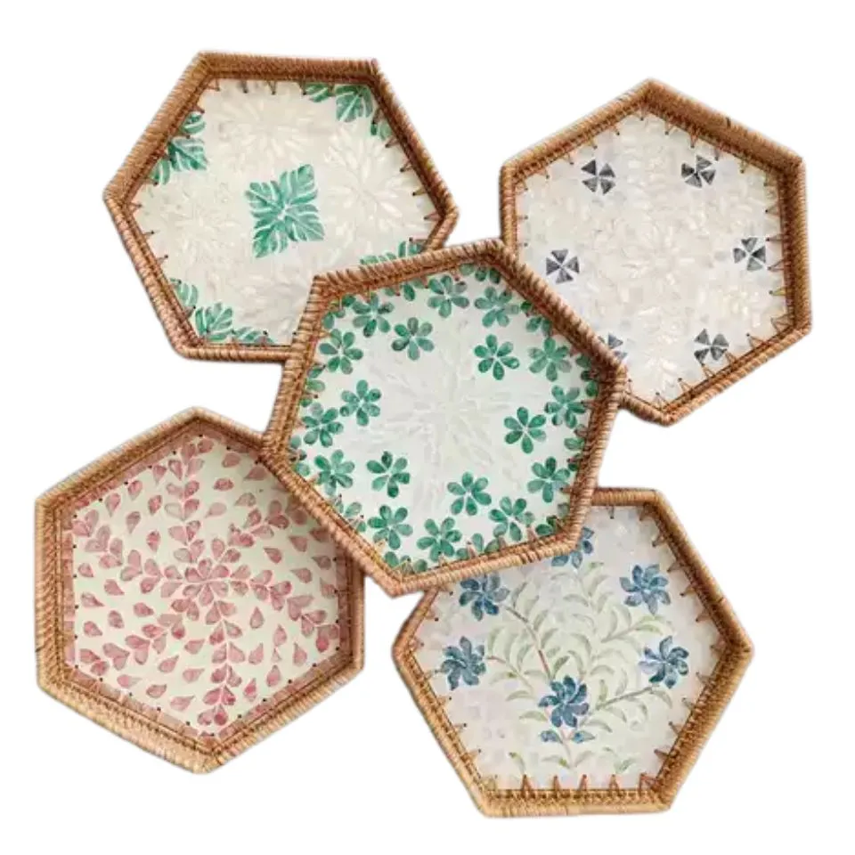 Hexagon Mother of Pearl Rattan Tray Short Lead Time