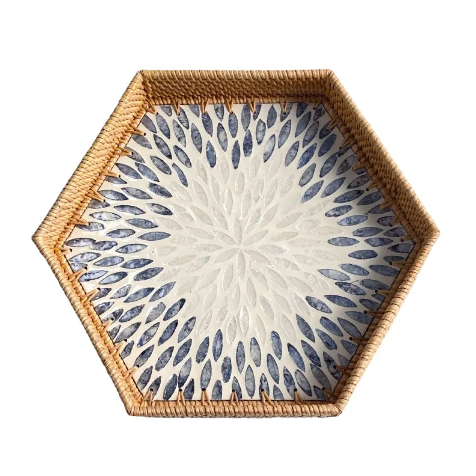Hexagon Mother of Pearl Rattan Tray Private Label