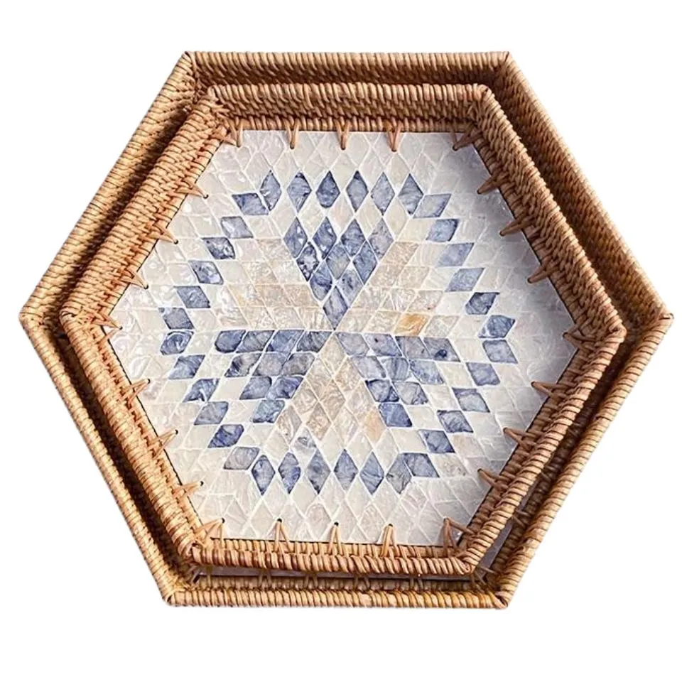 Hexagon Mother of Pearl Rattan Tray Custom