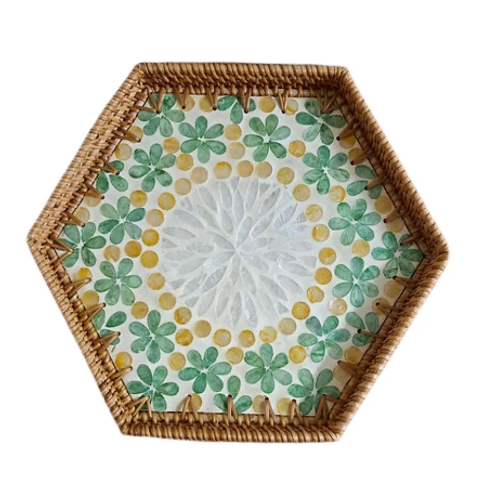 Hexagon Mother of Pearl Rattan Tray Hight Quality