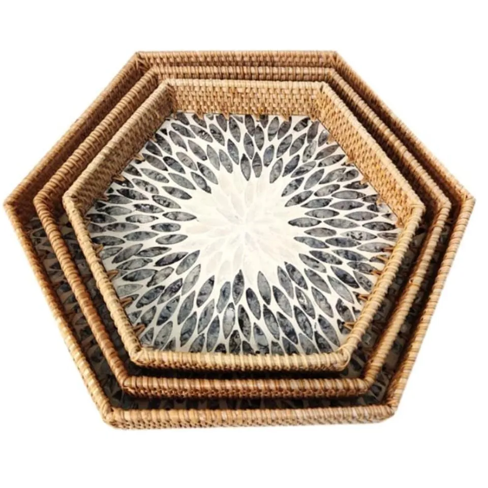 Hexagon Mother of Pearl Rattan Tray Vietnam