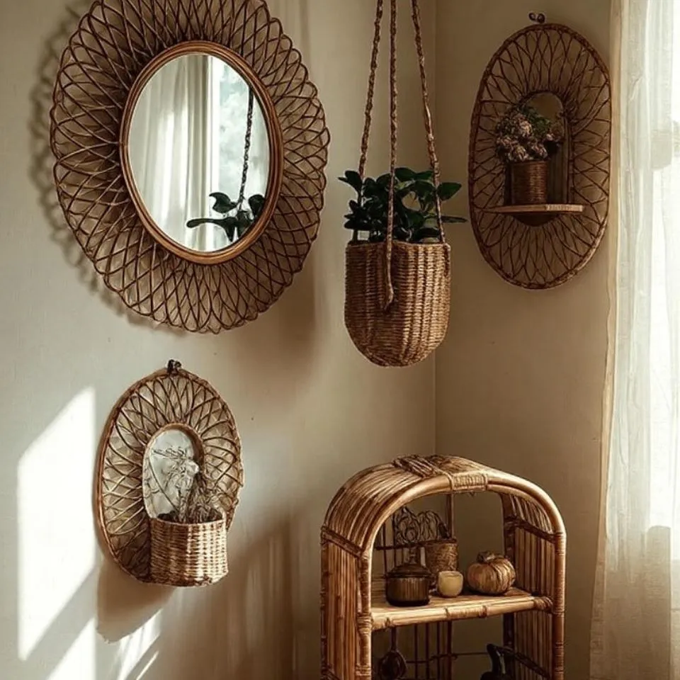 Curated boho-chic rattan home decor set featuring sunburst mirror, hanging planter, wall-mounted pocket basket, oval wall shelf, and arched mini cabinet – all handwoven sustainably by EHM Vietnam.