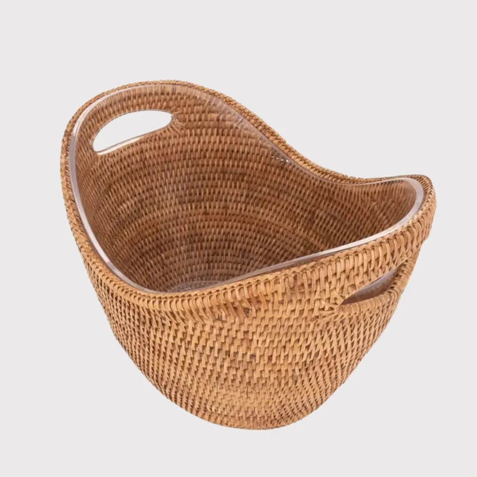 Handwoven rattan ice bucket with ergonomic handles – premium OEM manufacturing by EHM