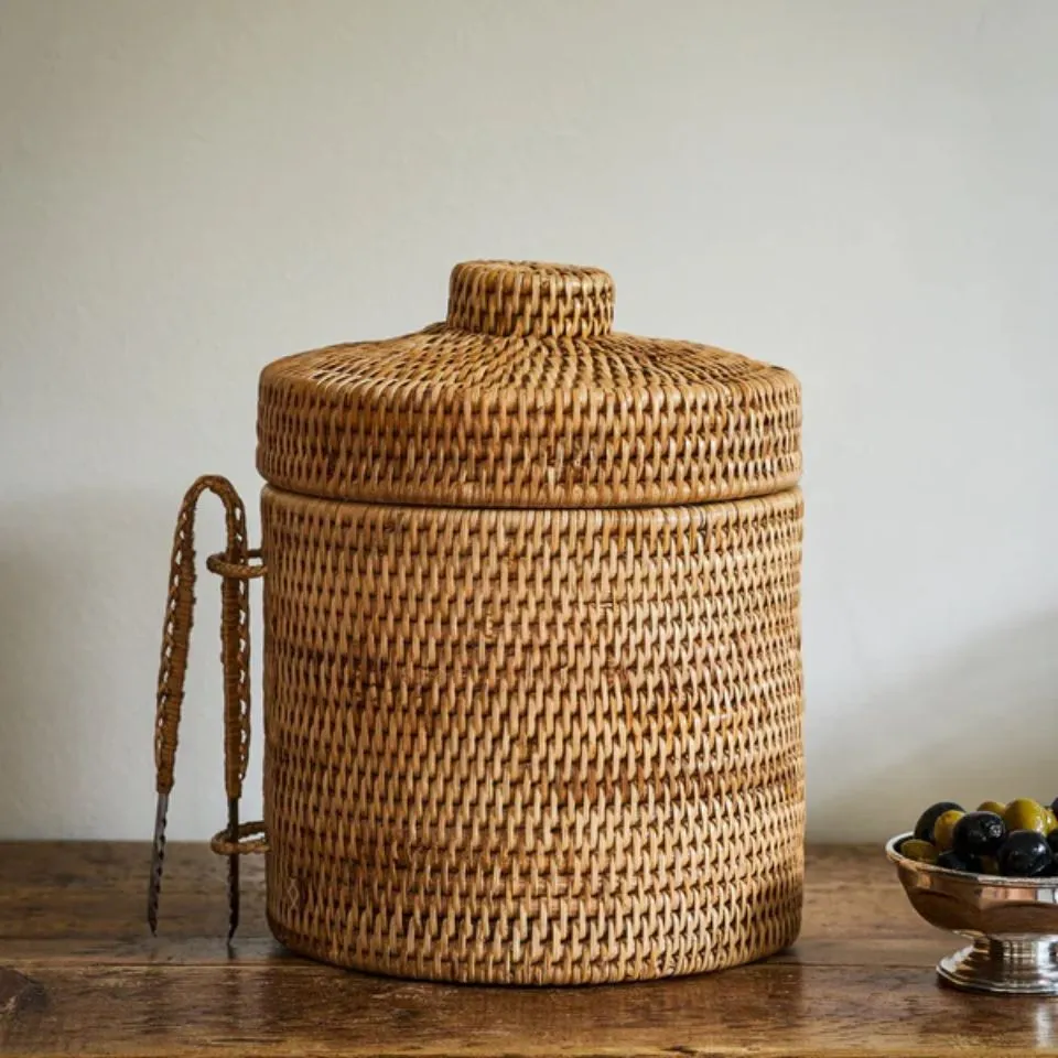Fully handwoven rattan ice bucket with matching lid and tongs – OEM-ready by EHM