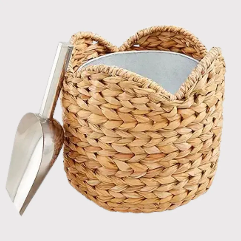 Eco-luxury water hyacinth ice bucket with scalloped rim and metal scoop – EHM OEM manufacturing