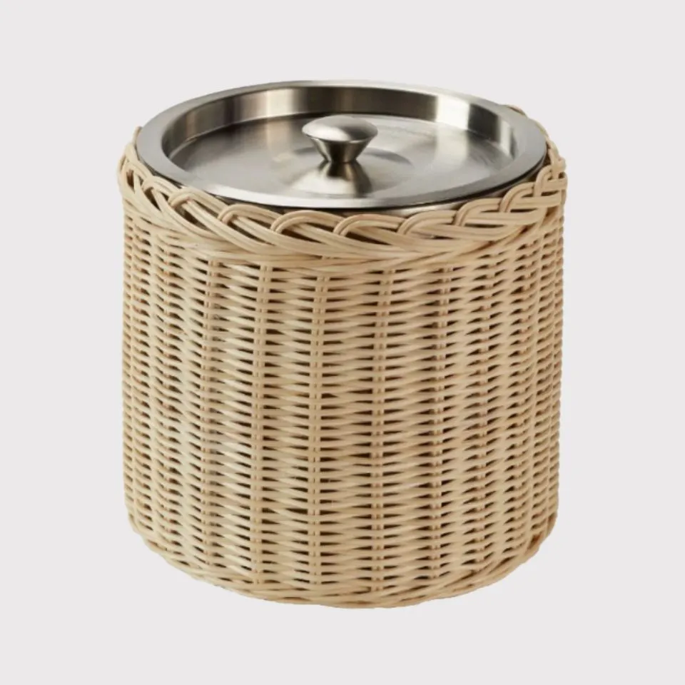 Premium rattan ice bucket with stainless steel lid and insulated insert – EHM OEM craftsmanship