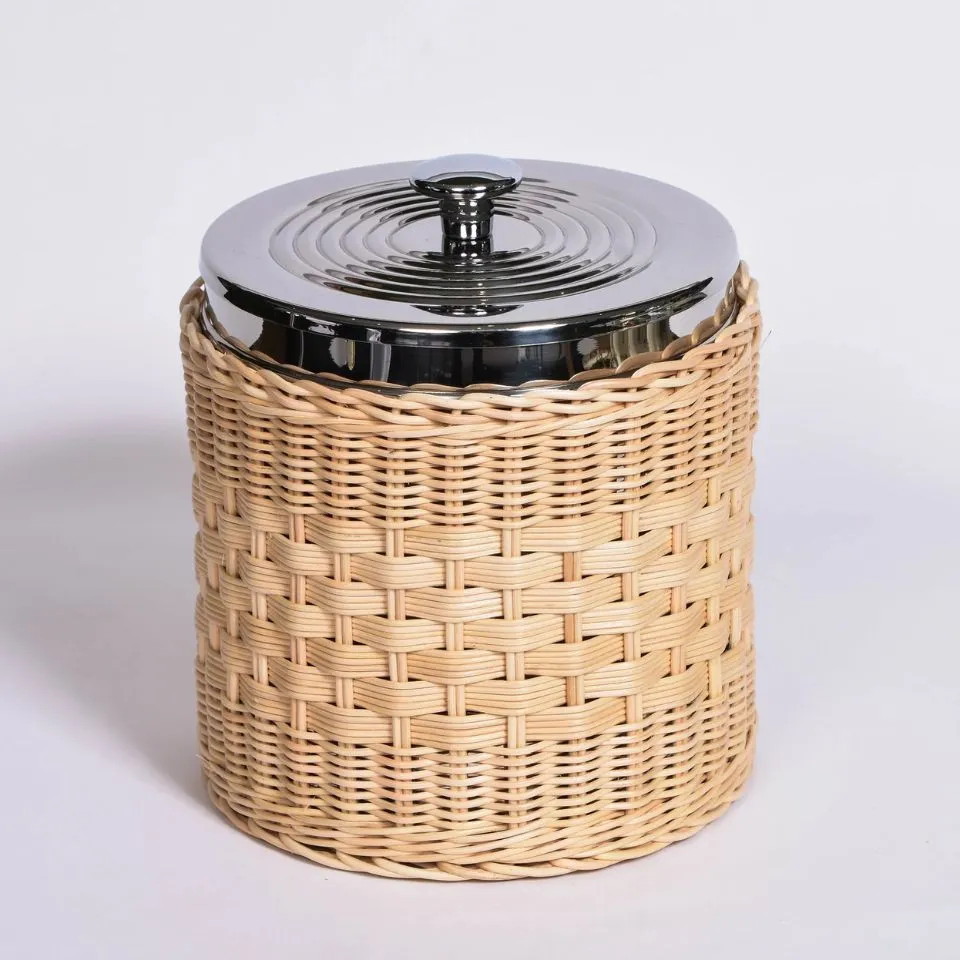 Artisanal rattan ice bucket with spiral stainless steel lid – luxury OEM by EHM