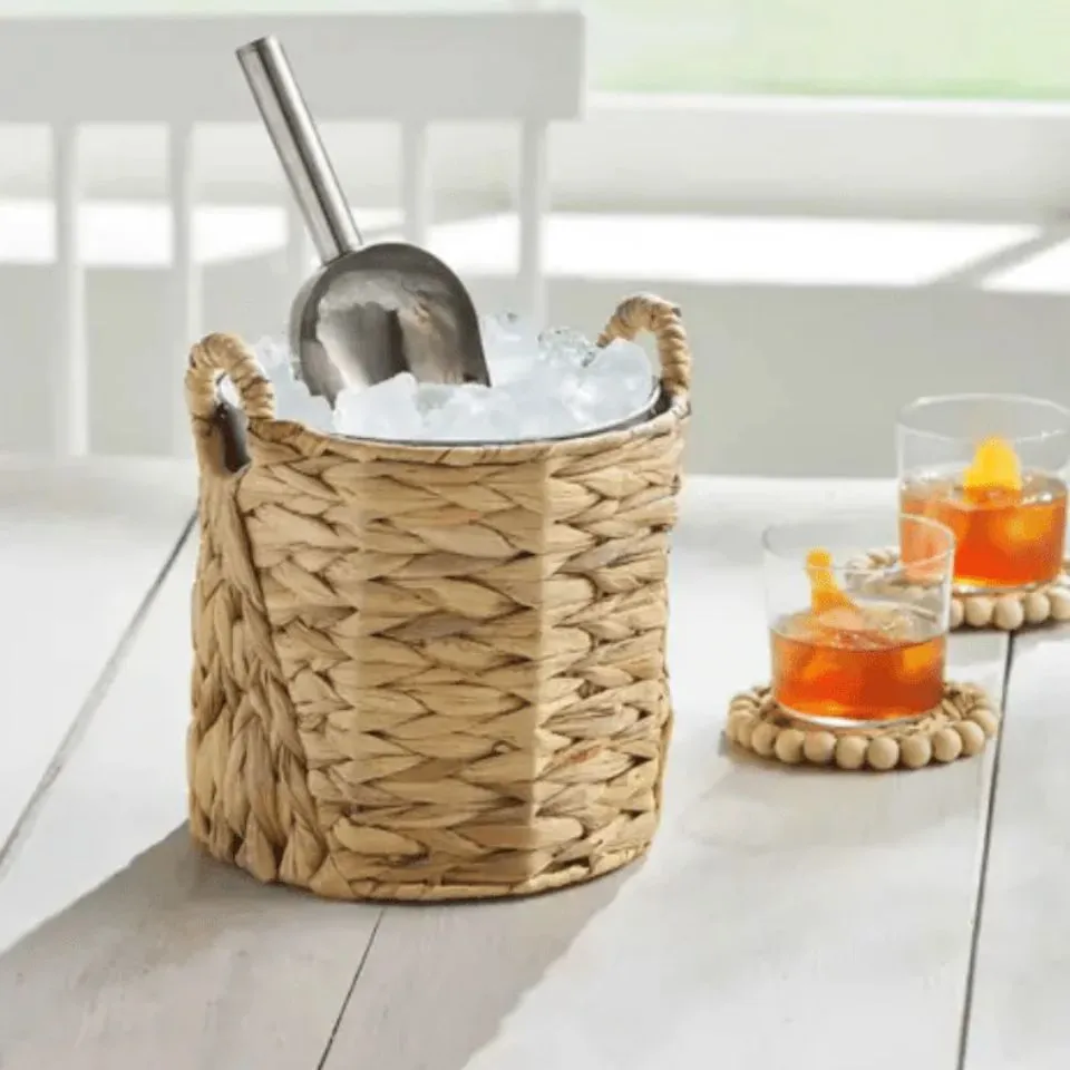 Hand-braided water hyacinth ice bucket with dual handles and metal liner – EHM OEM eco-design