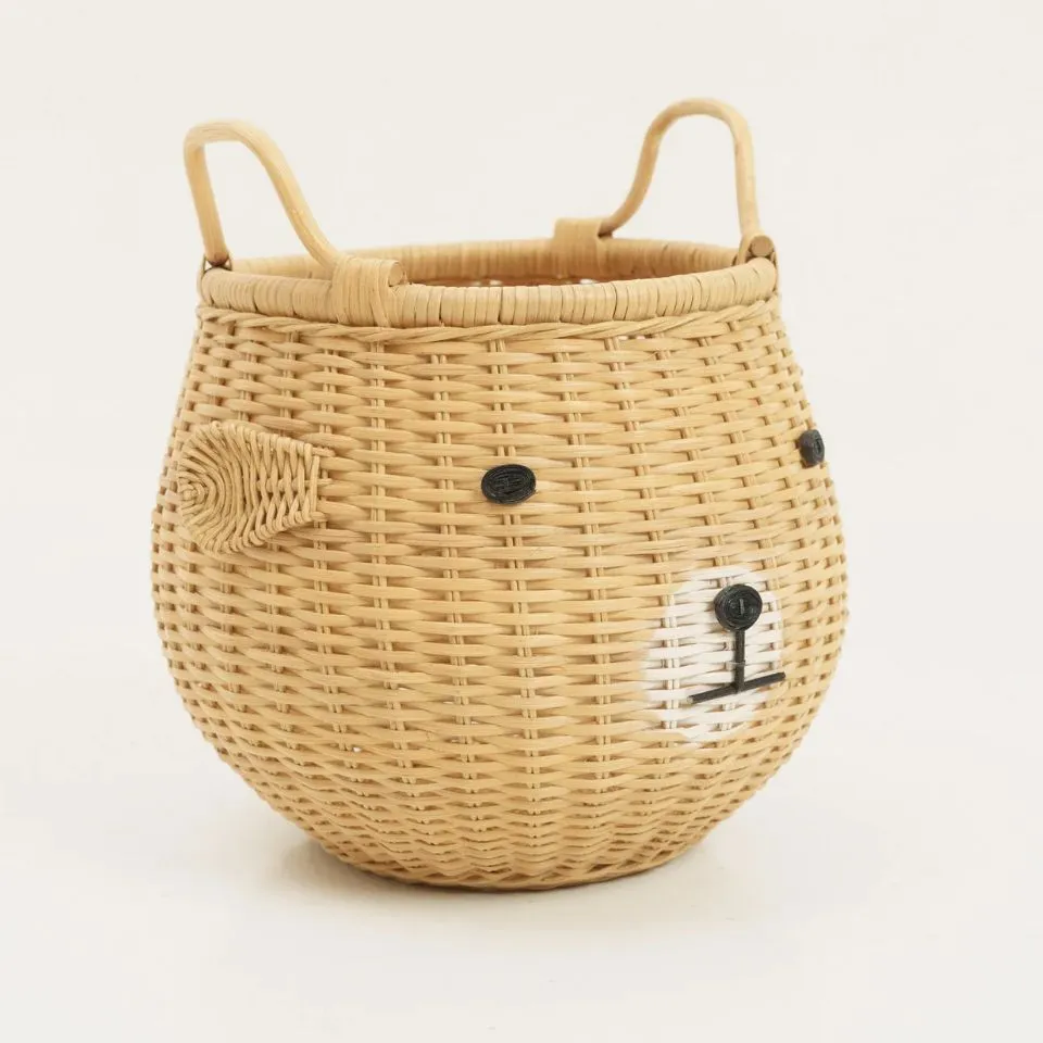 Adorable teddy bear rattan basket with dual handles, crafted from natural rattan for kid basket OEM suppliers.