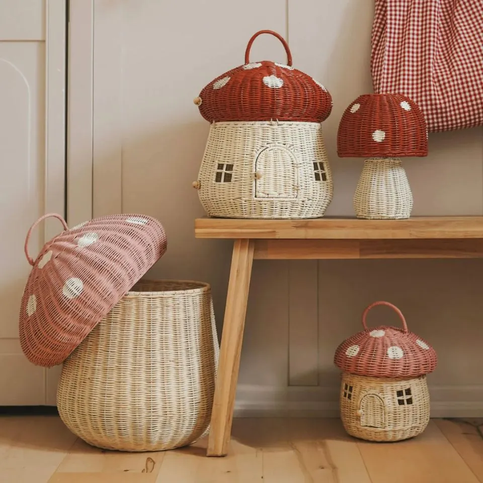 Whimsical handwoven rattan mushroom storage baskets – adorable toy organizers for kids’ rooms, made by EHM Vietnam.