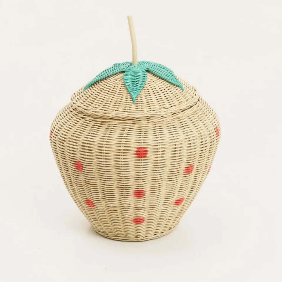 Handwoven rattan strawberry basket with turquoise leaf lid, perfect for kid basket OEM manufacturing.