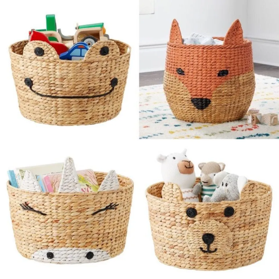 Set adorable handwoven animal storage baskets water hyacinth kids toy bins (frog, fox, unicorn, bear)