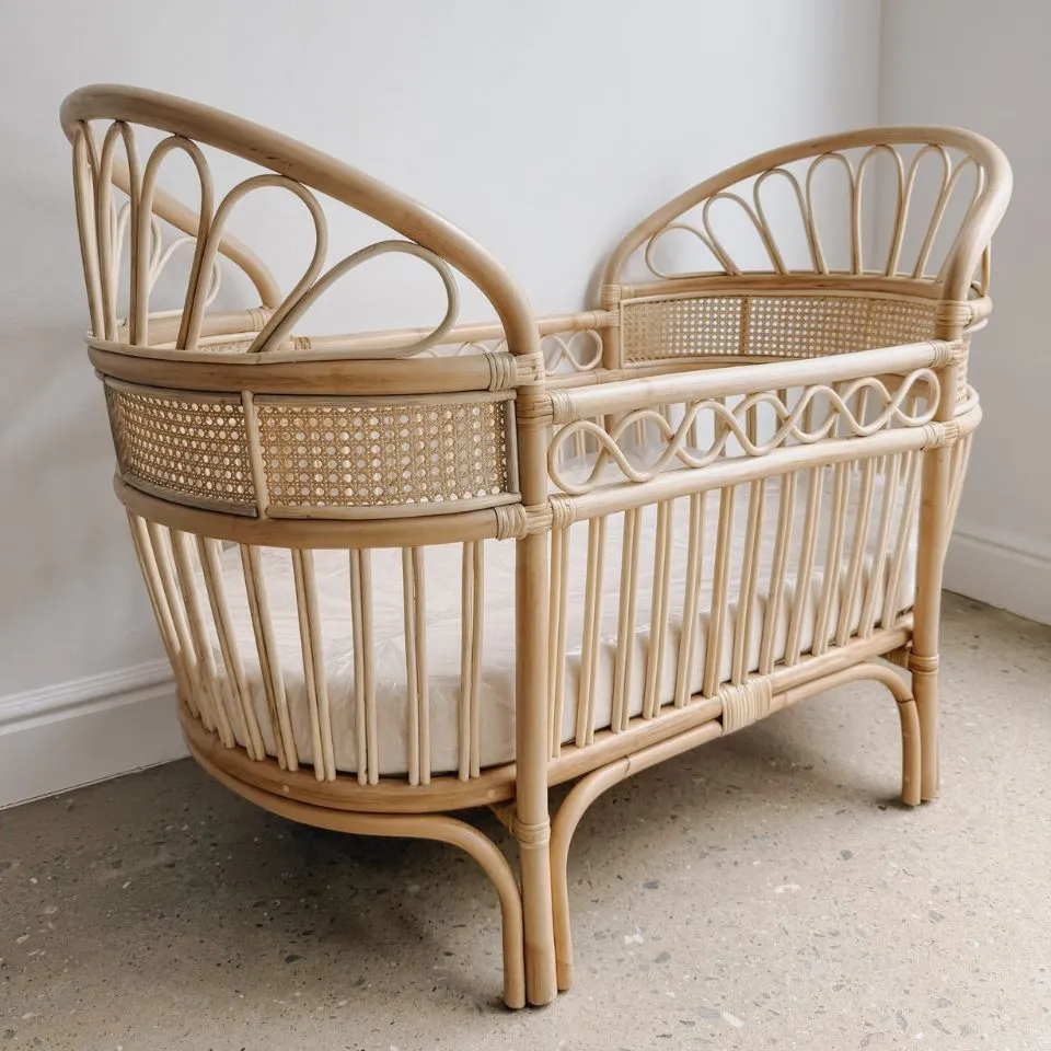 Handcrafted rattan baby crib with convertible design – premium natural kids furniture for modern nurseries.