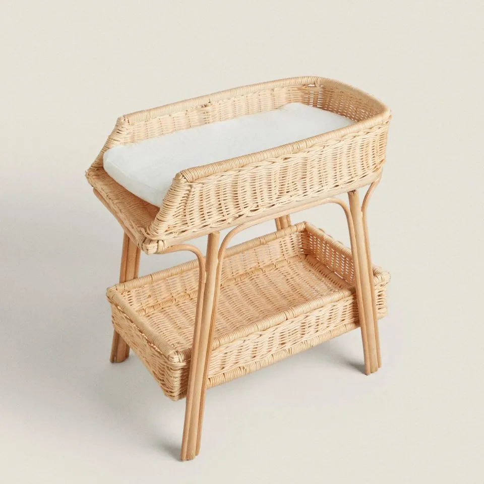 Premium rattan baby changing table with storage basket – eco-friendly kids furniture handcrafted from natural rattan.