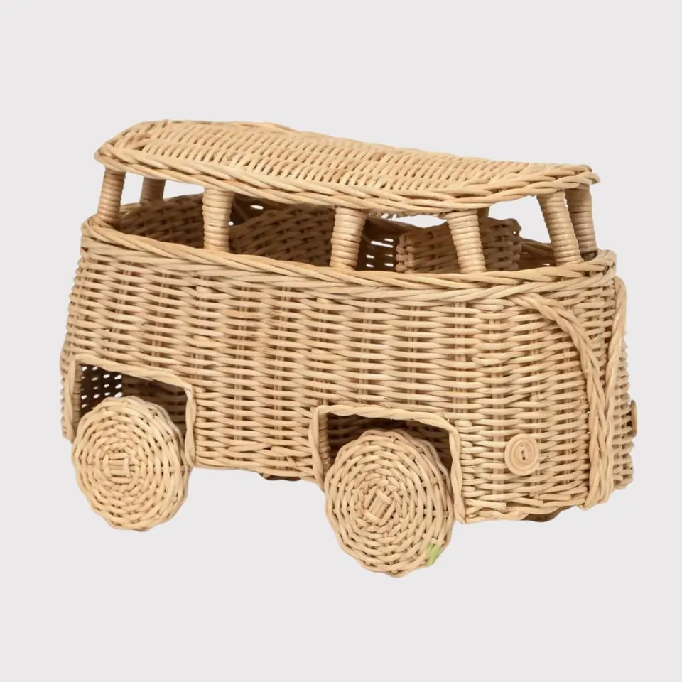 Handwoven rattan vintage van with rolling wooden wheels – push-along toy for toddlers.